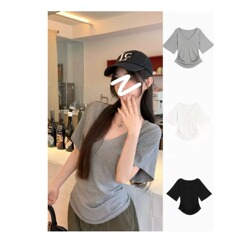 抖音爆款夏季休闲显瘦气质韩版设计感修身显瘦V领短袖T恤纯色简约