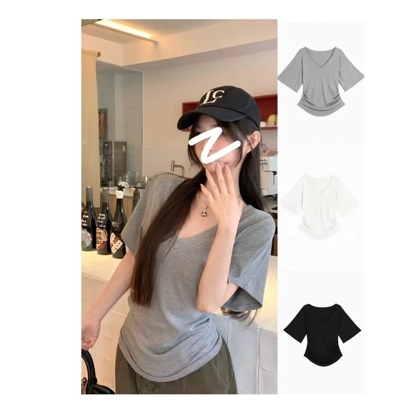 抖音爆款夏季休闲显瘦气质韩版设计感修身显瘦V领短袖T恤纯色简约|undefined