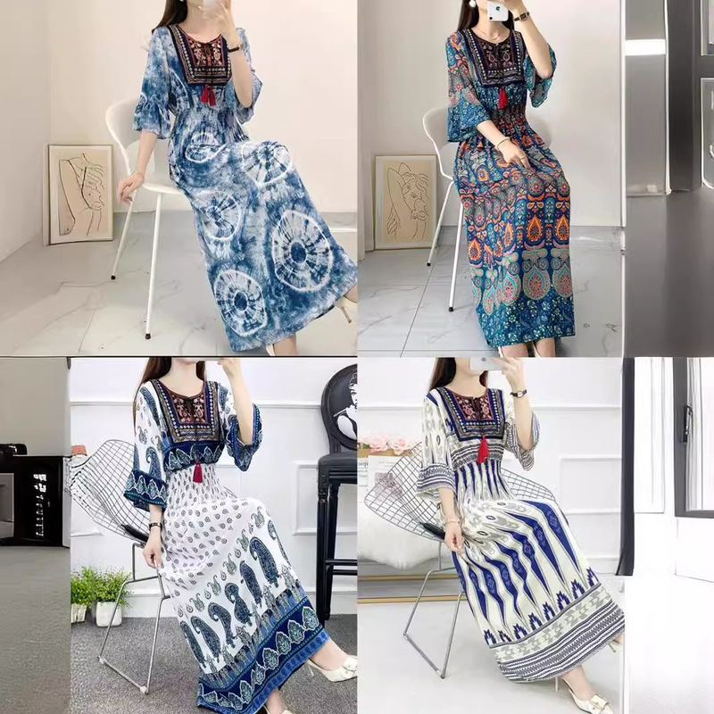 Ethnic Style Mid-Sleeve Embroidered Cotton Silk Dress, Slim-Fit Floral Dress, Yunnan Xishuangbanna Sanya Travel Dress