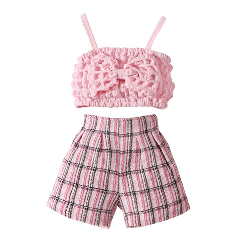 Amazon Bestselling Girls' Popcorn Strap Top and Shorts Set with Chanel Style Patterns, Exclusive for Cross-border Shipping in Europe and America