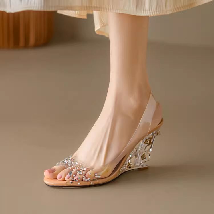 Fashionable sandals with rhinestones wedge heel
