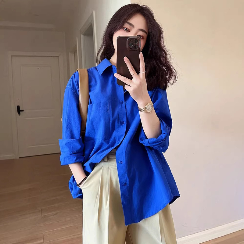 This Year's Trendy Beautiful Klein Blue Shirt, 2026 Spring and Autumn Women's Long-Sleeve High-End Blouse for Petite Women