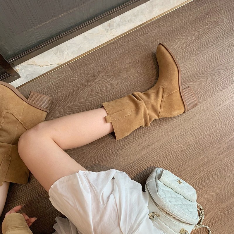 牛皮葡萄妈同款增高8cm韩系圆头V口粗跟显瘦堆堆短靴女西部牛仔靴|undefined