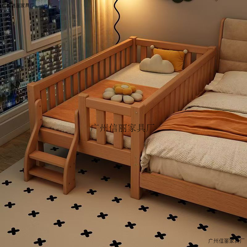 Solid Wood Children's Spliced ​​Bed Beech Wood Crib with Guardrails Baby Bedside Bed Spliced ​​Large Bed Widened Bed Children's Bed