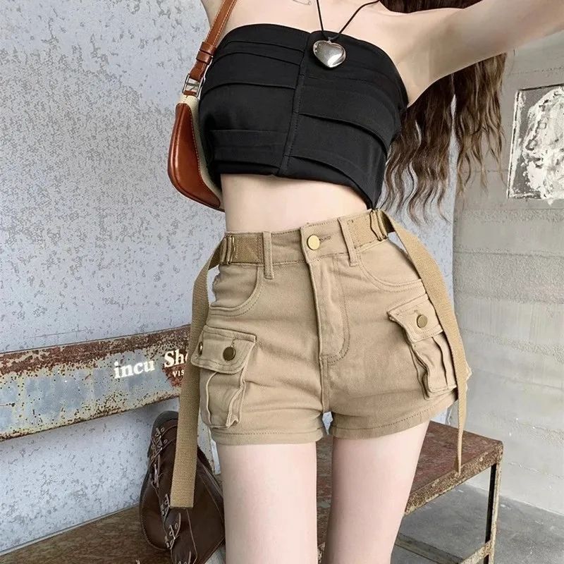 Workwear Denim Shorts for Women, Retro Distressed Hot Girl High-Waisted Slim Belt Decorative Design Casual Pocket Hot Pants