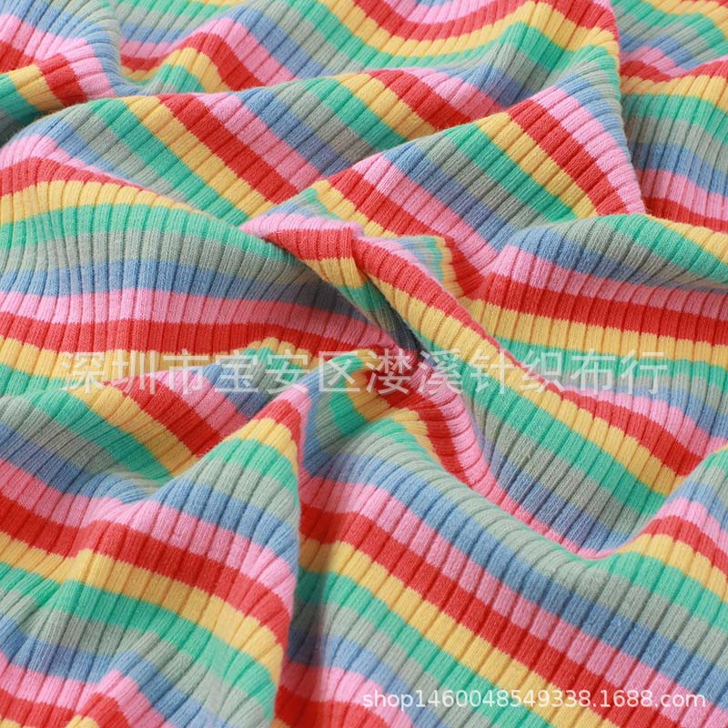 全棉莱卡罗纹坑条彩色螺纹色织坑条针织条纹布料弹力针织条纹面料
