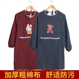 纯棉老粗布围裙长袖成人罩衣家用围裙做饭秋冬加厚工作罩衣工作服