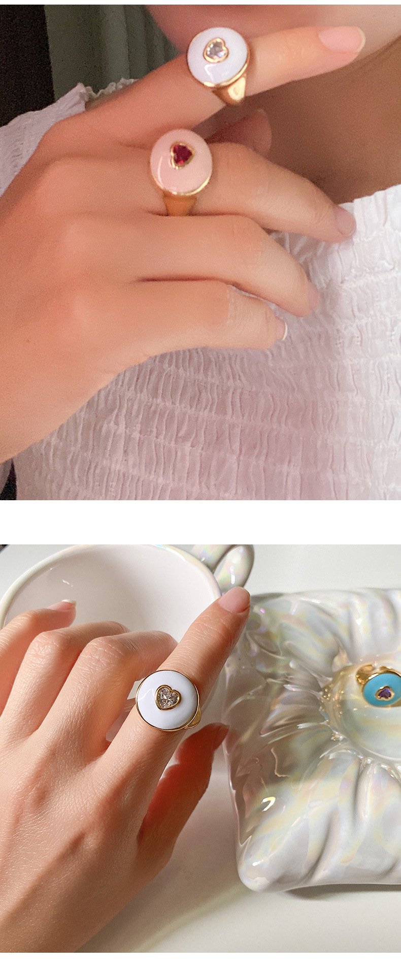 Retro Heart Shape Copper Enamel Zircon Rings 1 Piece