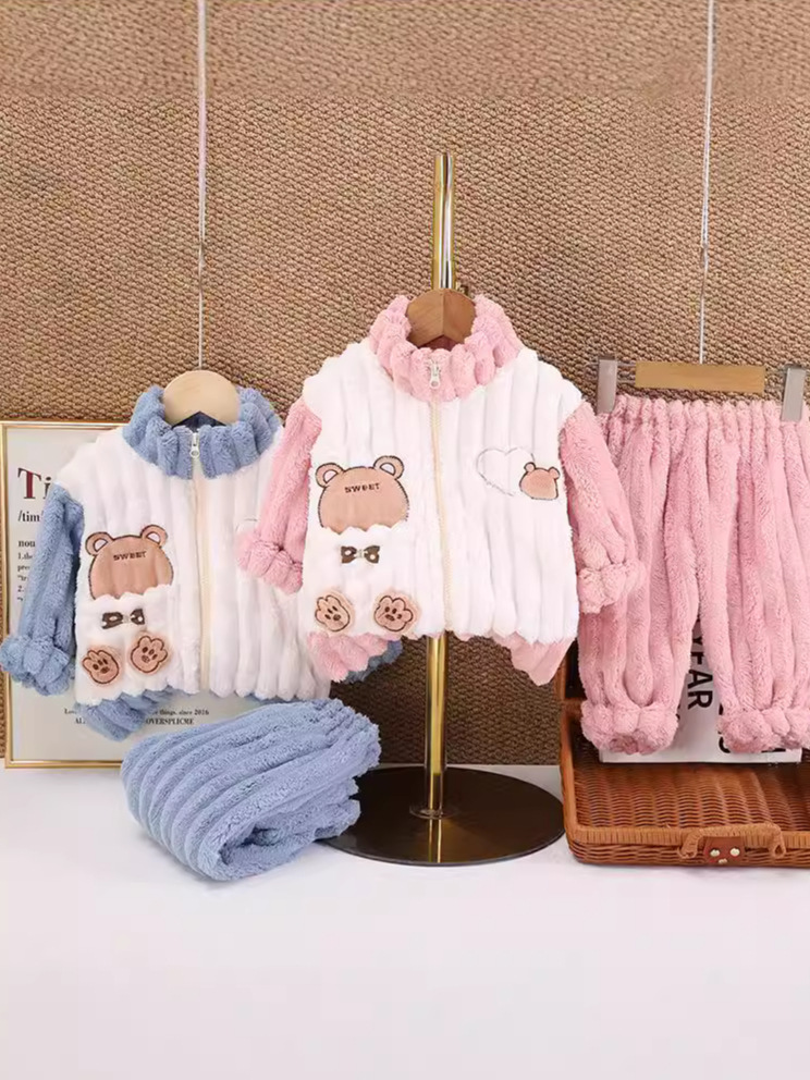 Hombres y niñas invierno ropa casera con cremallera nueva ropa de bebé con pijamas de peluche gruesas de dos piezas