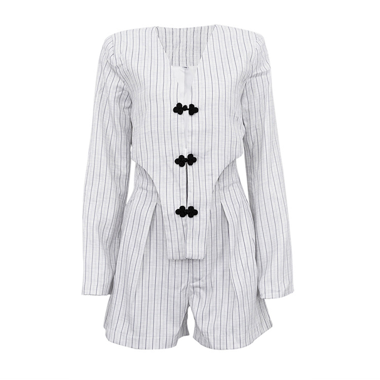 Women Spring Clothing Chinese Niche Design Long Sleeve Deep V Plunge Jacket High Waist Shorts Striped Set