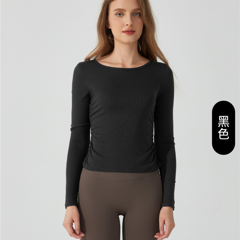 Otoño y invierno desnudos de yoga plegado piel delgada cuello redondo chaqueta deportiva casual camiseta de mangas largas de mujeres fitness