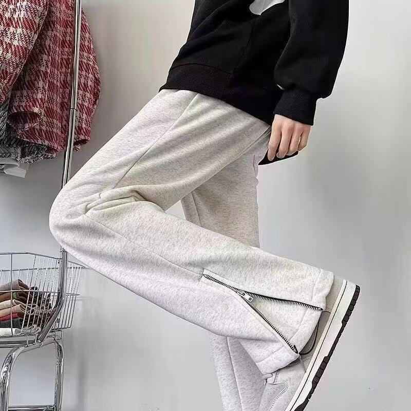 Trendy American-Style Side-Zip Flared Sweatpants for Outdoor Wear, Versatile Casual Loose-Fitting Straight-Leg Sports Pants