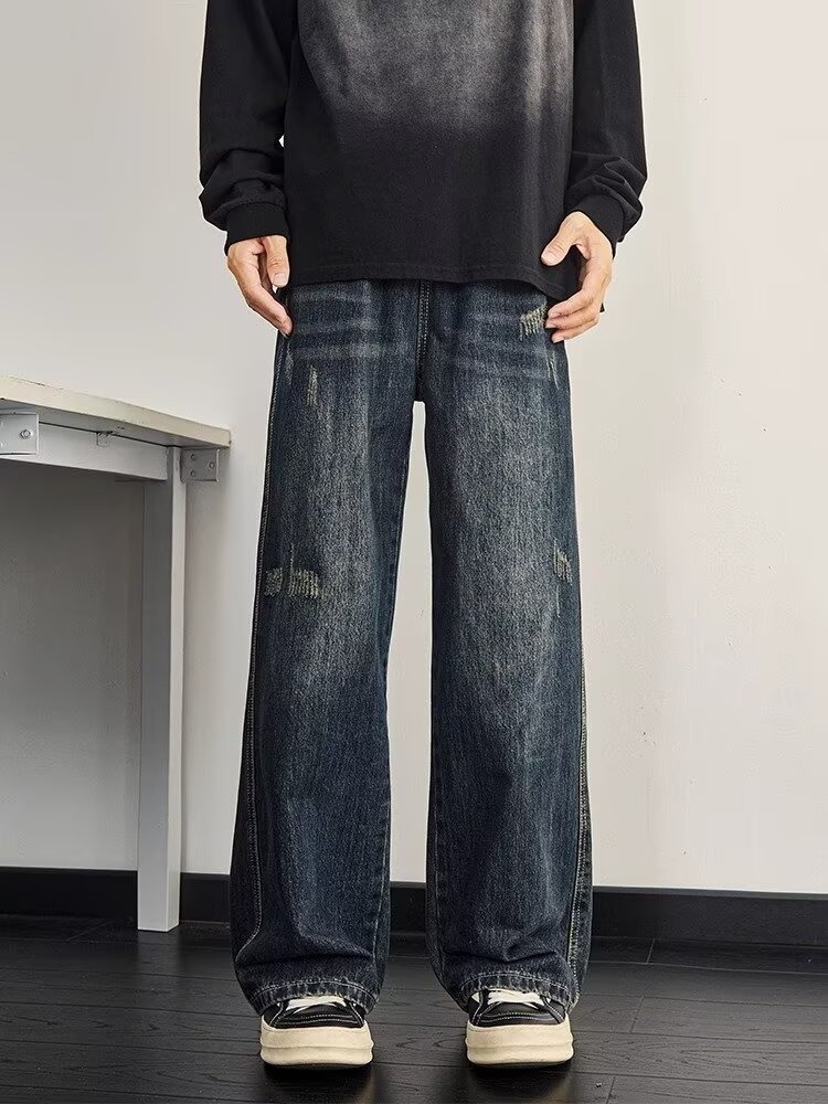 Men's Washed Vintage High Street Jeans Distressed Denim Loose Straight-Leg Fit Streetwear Style Blue S-3XL_mkmklike.com