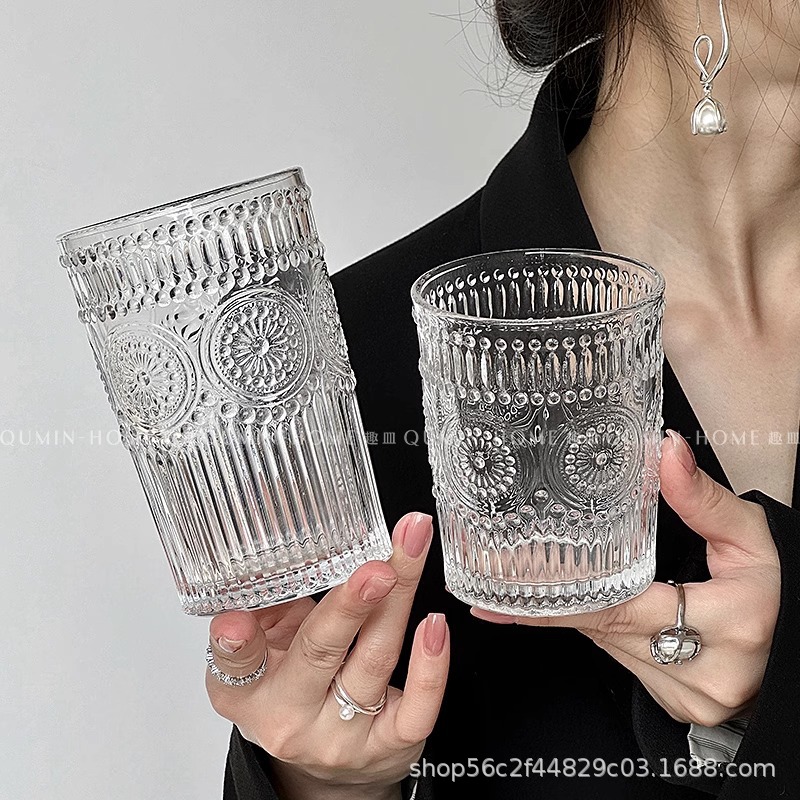 INS estilo girasol taza de agua de alta apariencia vintage taza de vidrio en relieve hielo taza de café americano hogar bebida fría taza