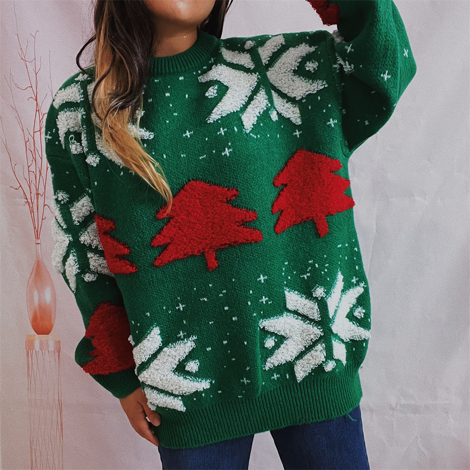 546g Weight Long Sleeve Sleeve Length Pullovers Placket Type knit Fabric Type Long Top Length Sweater Tops Type Christmas Occasion Round Neck Neckline Loose Fit Type Christmas Festival Christmas Tree Pattern Autumn&Winter Season Women's Gender Jacquard Design Streetwear Style Jacquard Craft Wholesale Women's Knit Streetwear Christmas Tree Long Sleeve Jacquard Sweaters & Cardigans 8