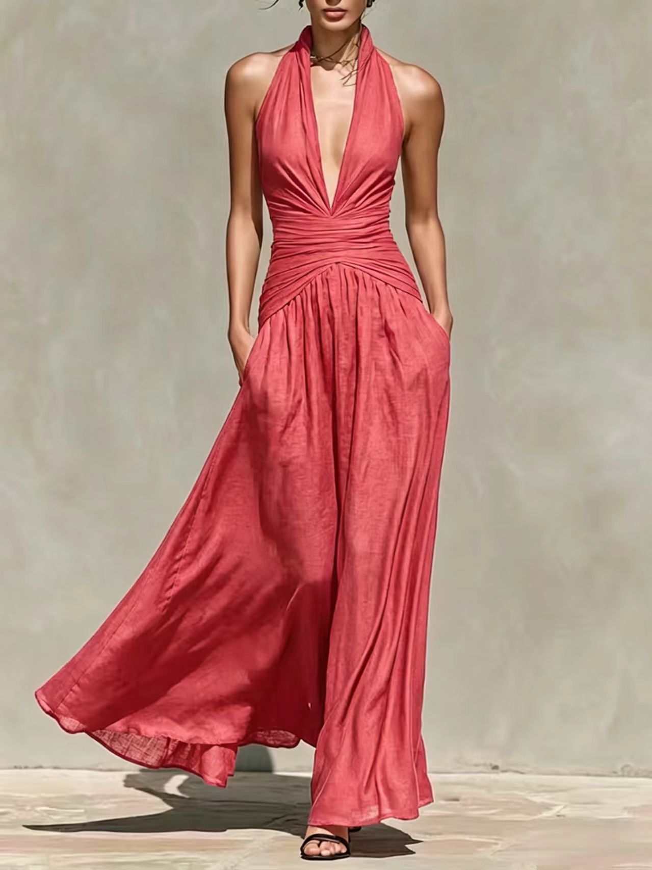 Comercio exterior exclusivo para Europa y América sexy cuello profundo vestido de cuello en V cintura delgada vestido de vacaciones largo sin mangas