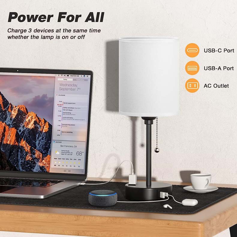 Lámpara de Mesa de Tela con Carga USB - Interruptor de Cremallera, para Dormitorio o Estudio