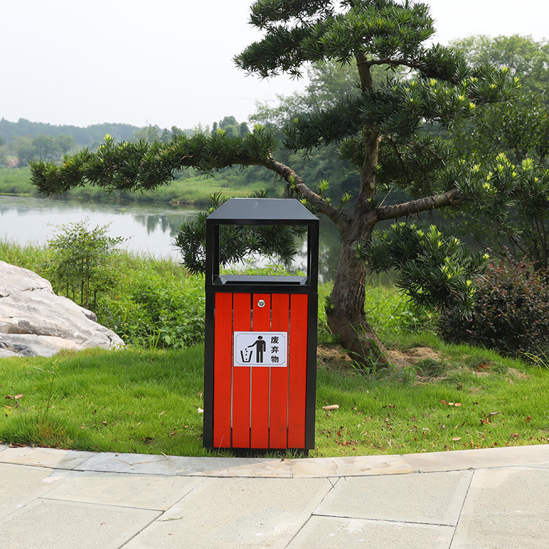 钢木垃圾桶果皮箱小区公园外防腐木环卫分类垃圾箱翻盖式可回收