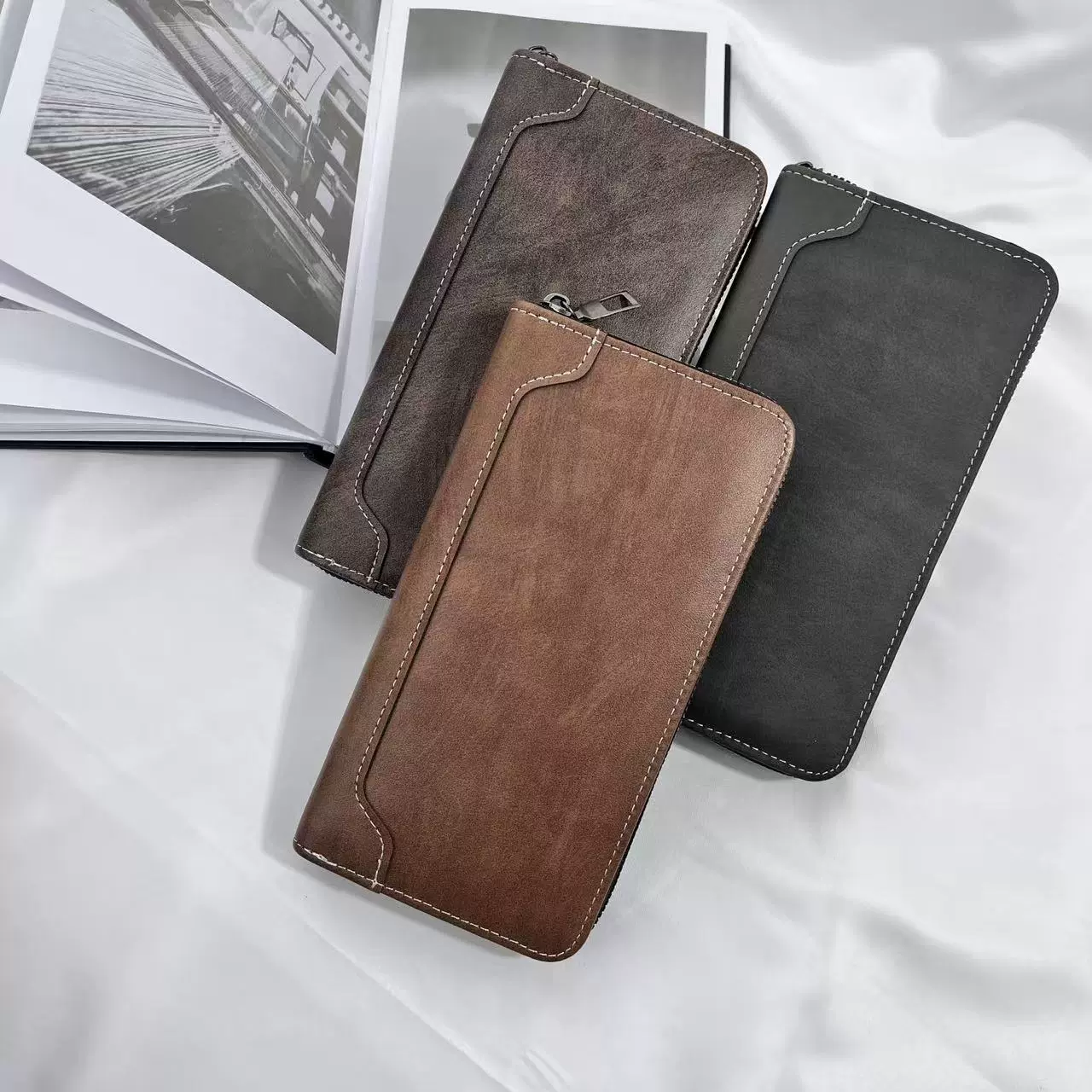 新款男士长款拉链钱包多卡位男款钱夹简约拼皮手拿包大容量男钱包