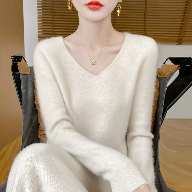 一线成衣无缝V领针织衫纯羊毛衫女秋冬季保暖上衣打底衫毛衣