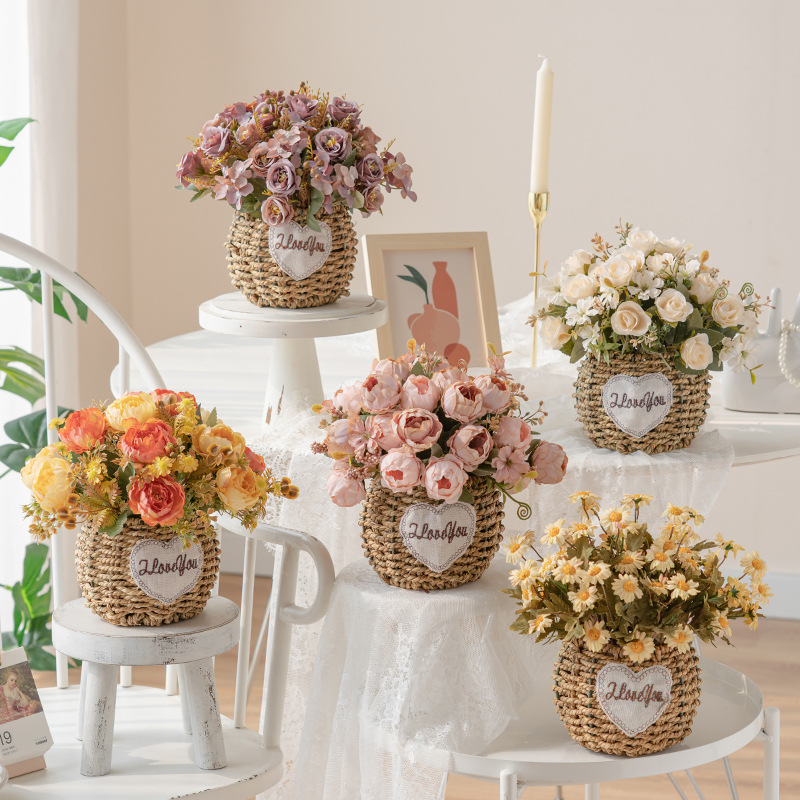 手工花籃客廳假花仿真花絹花桌面插花玫瑰花花藝擺件裝飾花塑料花