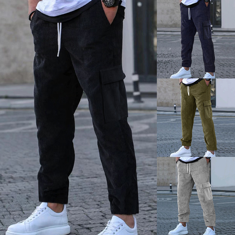 Men's New Corduroy Pants Solid Color Sports Pants Loose Straight Multi Pocket Casual Pants_voghion.com