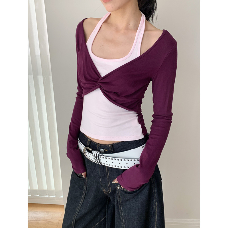 Dorothy Fake Two-Piece Halter Neck Long-Sleeve Top for Women with Twist Design and Contrasting Color Short T-Shirt in a Spicy Style