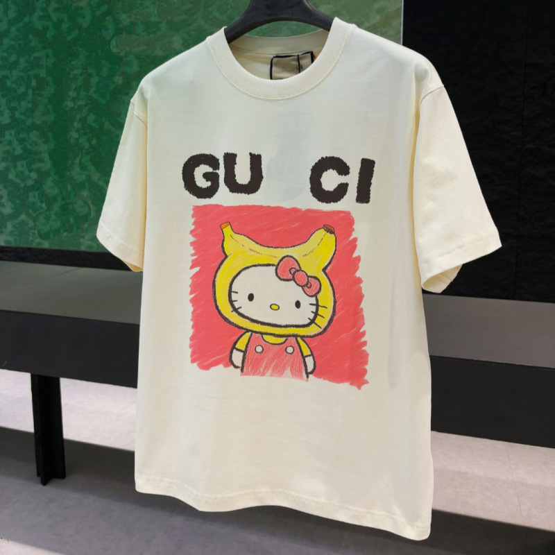 Correct Version Gu Collaboration with Hello Kitty Banana Head Crayon-Style Print Playful Cartoon Short-Sleeve T-Shirt