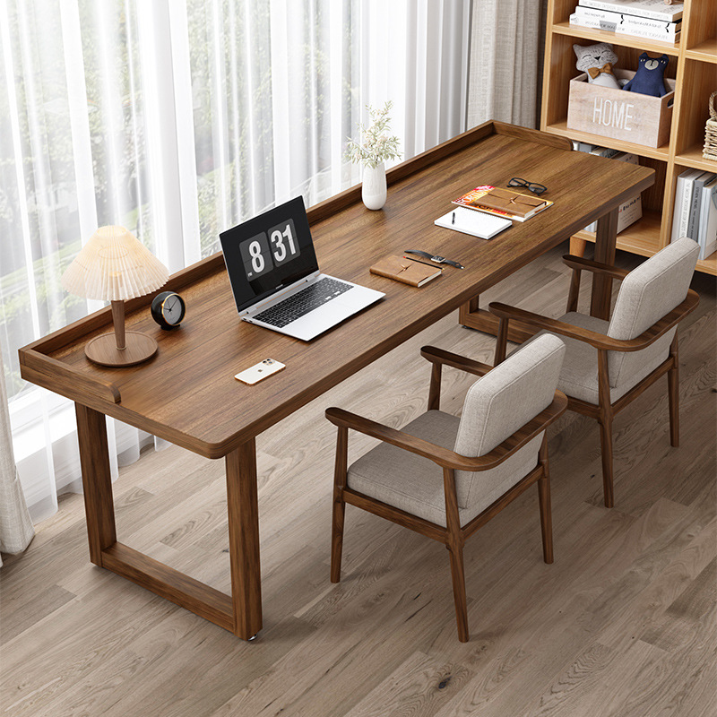 All Solid Wood Desk with Baffle Edge to Prevent Falling, Home Sofa Balcony Study Table, Simple Double Computer Table