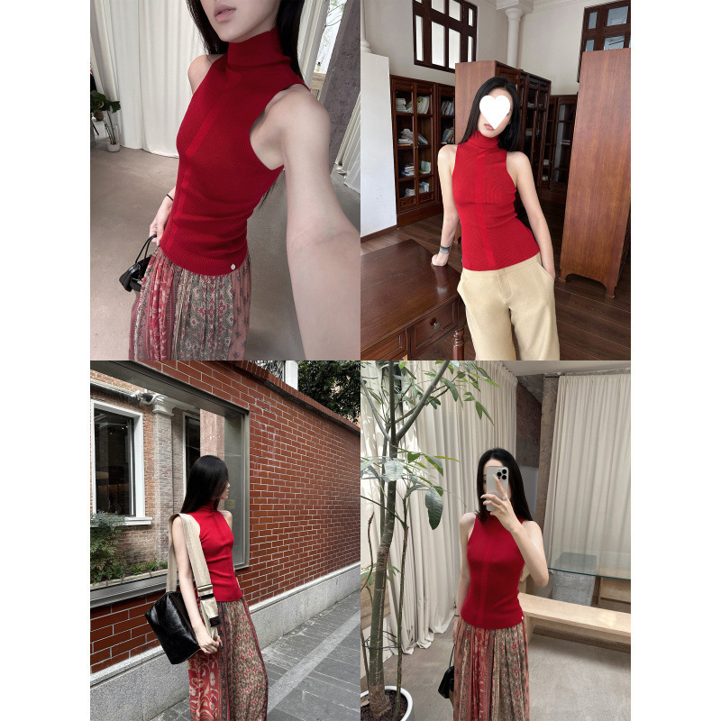 【Ice Silk】Vintage Aesthetic Five-Color Comfortable Wool Blend Knitted Camisole High-Neck Basic Versatile Style