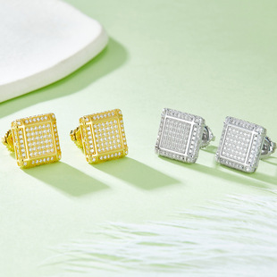 Hip-hop full-diamond earrings s925 silver set moissanite earrings for men and women square foreign trade new gold earrings