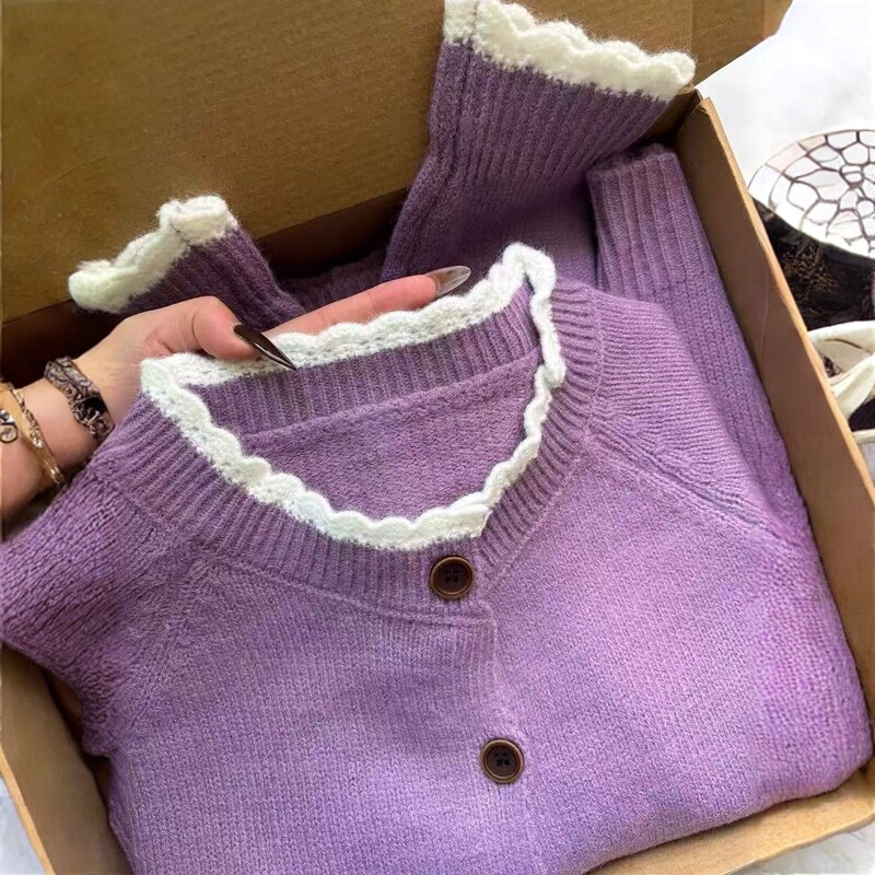 2026 new lace sweater cardigan, women's loose-fitting knit top, round neck, fashionable outerwear, youthful and stylish, high-end 2026 new lace sweater cardigan, women's loose-fitting knit top, round neck, fashionable outerwear, youthful and stylish, high-end