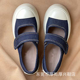 女士日系学院风复古魔术贴帆布娃娃大头玛丽珍松糕厚底休闲单鞋子