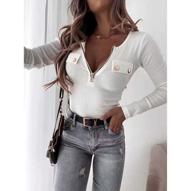 Cross-Border In-Stock Amazon New Style Ribbed Knit Slim Fit V-Neck Long Sleeve Pullover Metal Zipper Top T-Shirt for Women