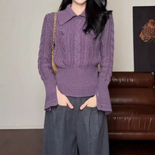 翻领喇叭袖绞花针织衫女2025新款秋季收腰显瘦短款毛衣超好看上衣
