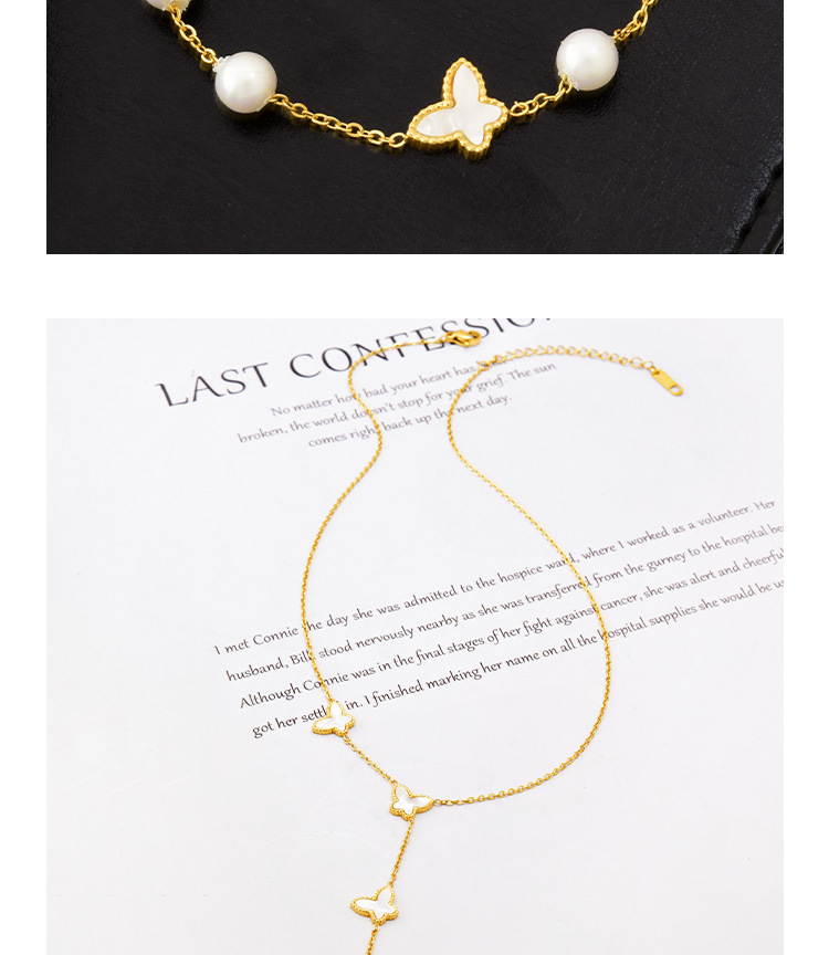 Fashion Butterfly Titanium Steel Inlay Artificial Pearls Shell Bracelets Necklace