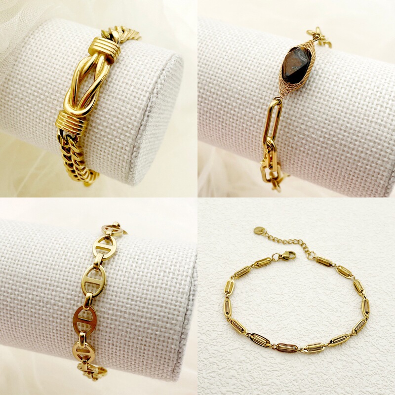 Stainless Steel Pig Nose Chain Rope Twist Chain Natural Stone Oval Cross Chain Spring Chain 18K Gold Plated Fashion Bracelet