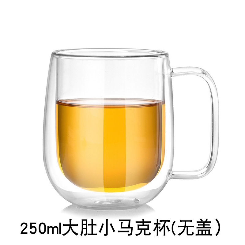 耐热双层玻璃杯 隔热带盖咖啡杯简约大肚马克杯可做LOGO出口跨境