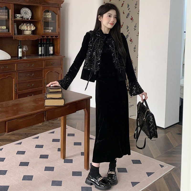 春装搭配一整套新中式国风亮片马甲打底衫半身裙三件套时尚套装裙