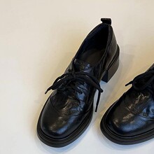 水洗二层牛皮版英伦复古圆头系带乐福鞋通勤百搭粗跟小皮鞋女单鞋