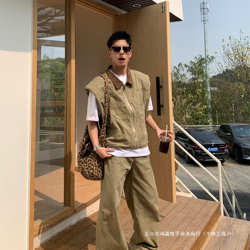 Cross-Border American Trendy Brand Retro Denim Jacket for Boys Summer New Silhouette Design Waistcoat Vest Loose Pants