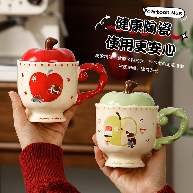 Hermosas tazas de manzana con tapa tazas de cerámica regalo de mano taza de agua de oficina taza de café de alto valor de Navidad
