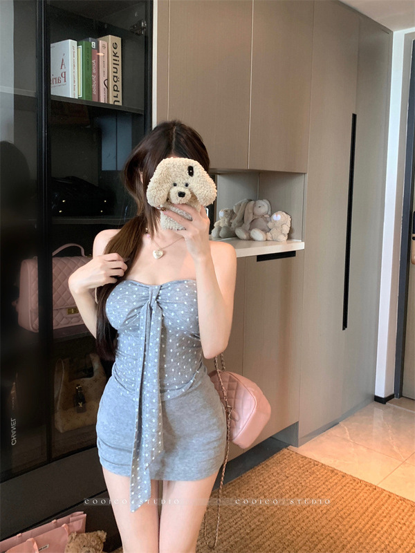 纯欲风波点绑带抹胸背心叠穿长袖T恤女秋季套装包臀半身裙三件套|undefined