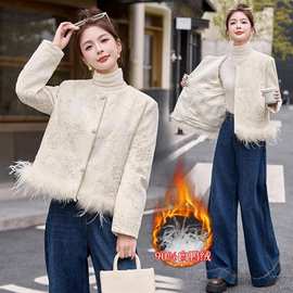 复古风羽绒服女2025冬装新款重工刺绣90%白鸭绒外套下摆鸵鸟毛