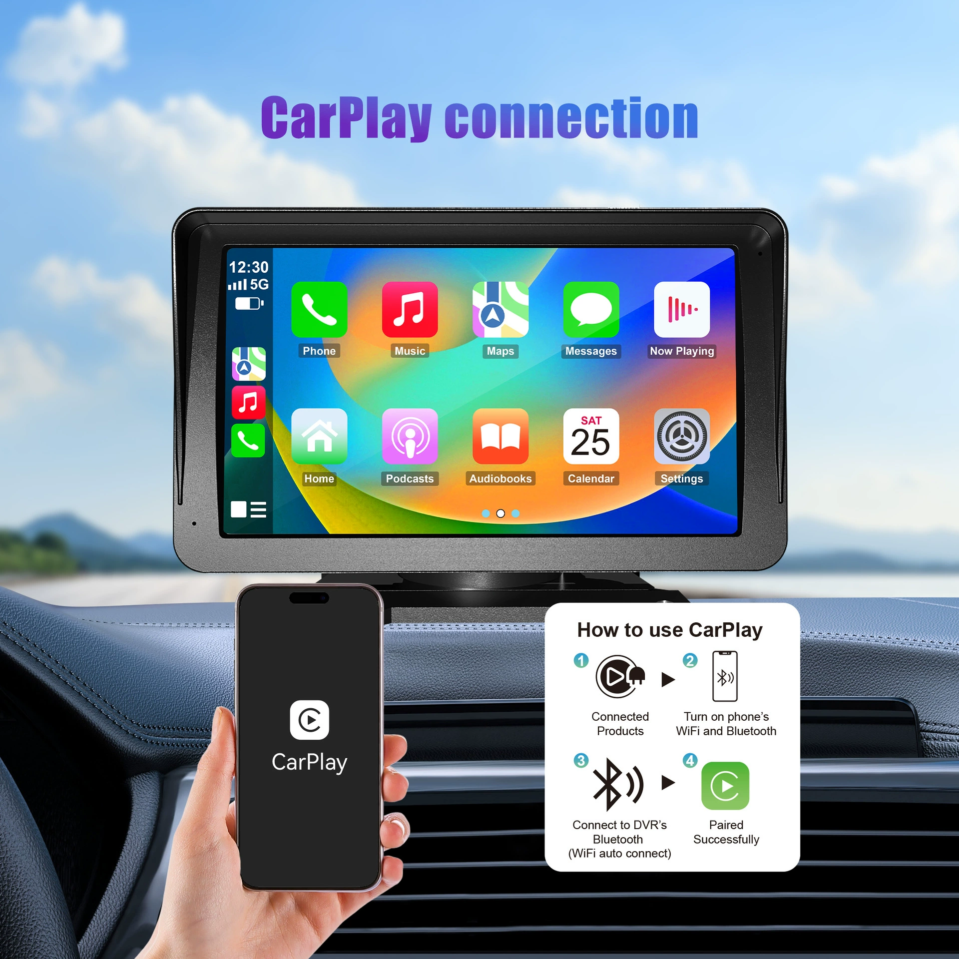 7-дюймовый затеняющий капот беспроводной CarPlay Android Auto съемка экран FM BT AUX навигация PND