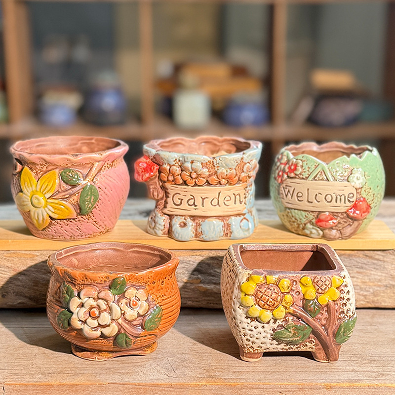 Korean Hand-Painted Succulent Ceramic Pots, Stoneware, Creative Pastoral Simple Mini Succulent Flower Pots, Containers, Green Plants Wholesale