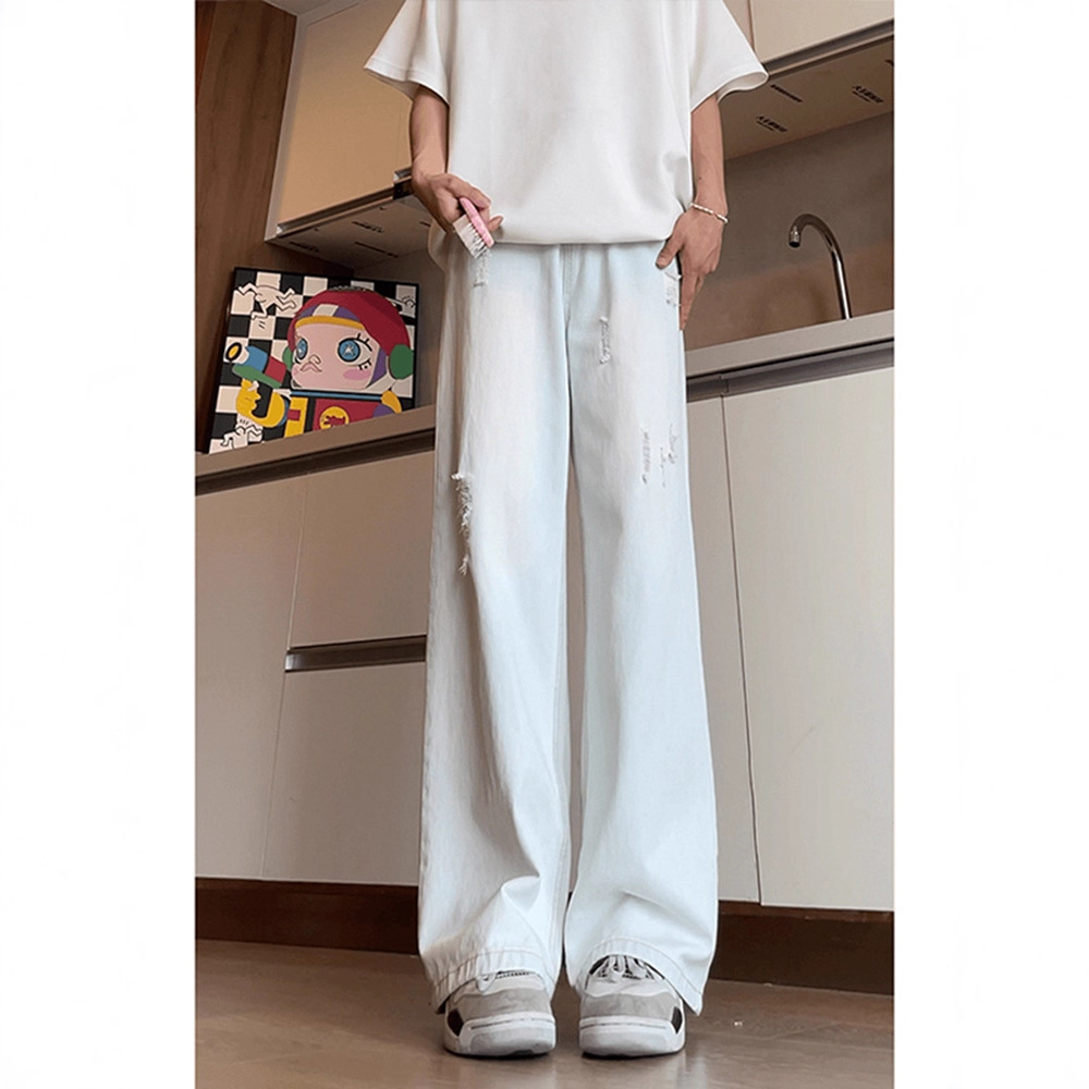 Light Blue Ripped Jeans Men's Summer Thin American High Street Pants Cleanfit Draped Straight Leg Pants