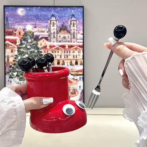 Cute fruit fork set, creative design, ceramic fruit fork jar, stainless steel fruit fork, high-looking small fork