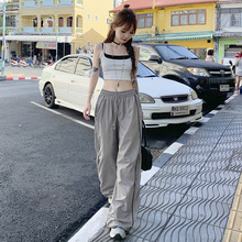 运动休闲裤女2024夏季新款冰丝垂感条纹直筒裤慵懒风拖地阔腿裤潮