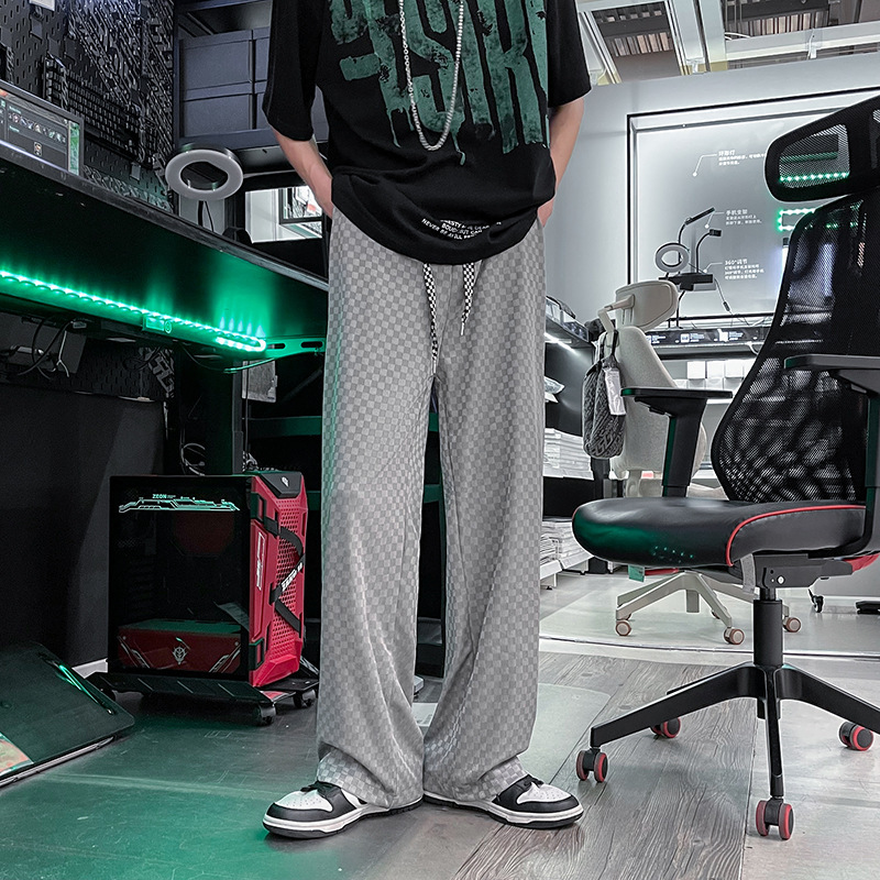 Plaid casual pants men's spring and autumn Korean style ins trendy all-match straight loose drop-down wide-leg mop long pants